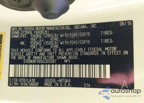 2016 Toyota Highlander Limited V6 z USA, uszkodzony, nr VIN 5TDDKRFH0GS302067